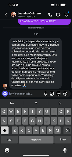 Testimonio de alumno de Partner 360 agradeciendo su primera venta como afiliado tras aplicar lo aprendido