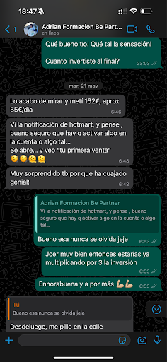 Conversación real de alumno celebrando su primera venta como afiliado con Hotmart tras aplicar lo aprendido en Partner 360