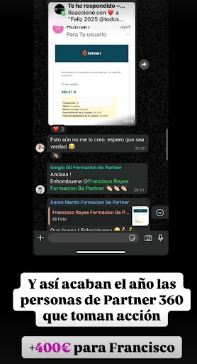 Alumno de Partner 360 celebra 400€ generados con Hotmart tras aplicar estrategias de marketing de afiliados aprendidas en la formación
