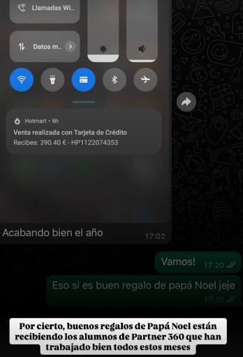 Venta en Hotmart de 390 € por alumno de Partner 360 durante las fiestas, resultado del trabajo constante en marketing de afiliados