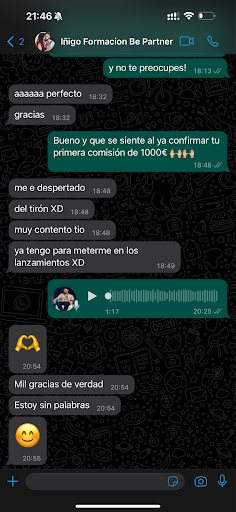 Conversación real de alumno confirmando su primera comisión de 1.000 € gracias a la formación en marketing de afiliados de Partner 360