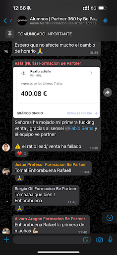 Testimonio real de alumno en grupo de Partner 360 tras generar su primera comisión de 400 € con marketing de afiliados