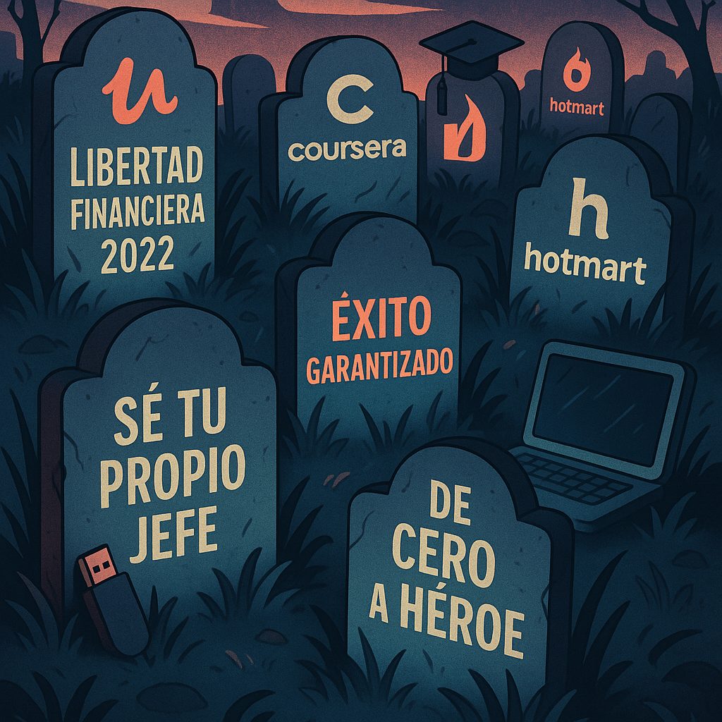 Ilustración de un cementerio con lápidas de cursos online con promesas vacías como 'Éxito garantizado' y Libertad financiera en 30 días