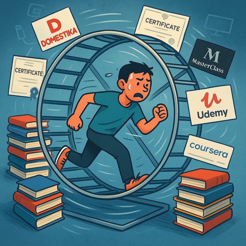 Persona corriendo dentro de una rueda de hámster rodeada de logotipos de cursos online como Udemy, Coursera, Domestika y MasterClass, junto a certificados y pilas de libros, simbolizando el ciclo infinito de aprendizaje sin resultados prácticos.