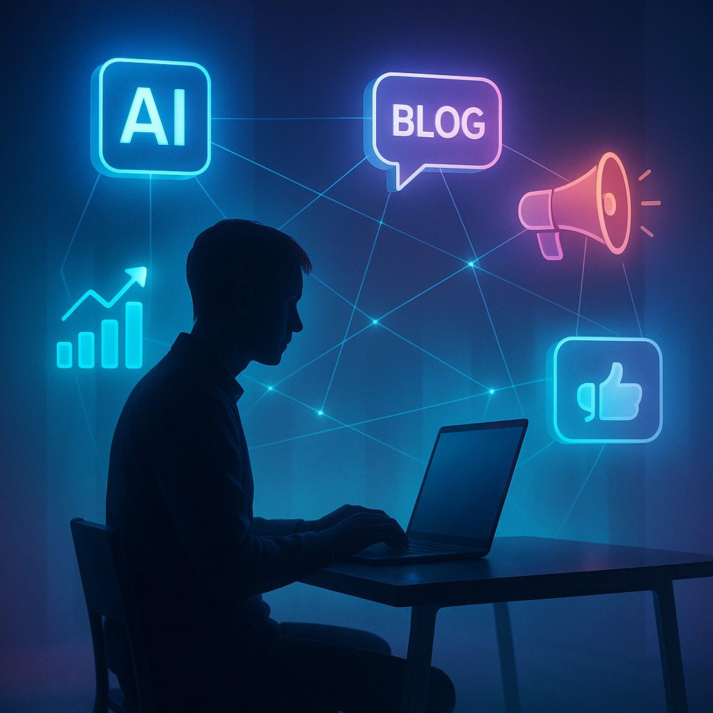 Ilustración de un emprendedor anónimo trabajando en un portátil con iconos de inteligencia artificial, blogs y redes sociales alrededor
