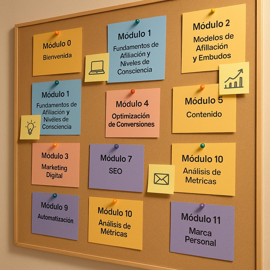 Tablero con post-its de colores que representan cada módulo de Partner 360 como hoja de ruta visual del marketing de afiliados