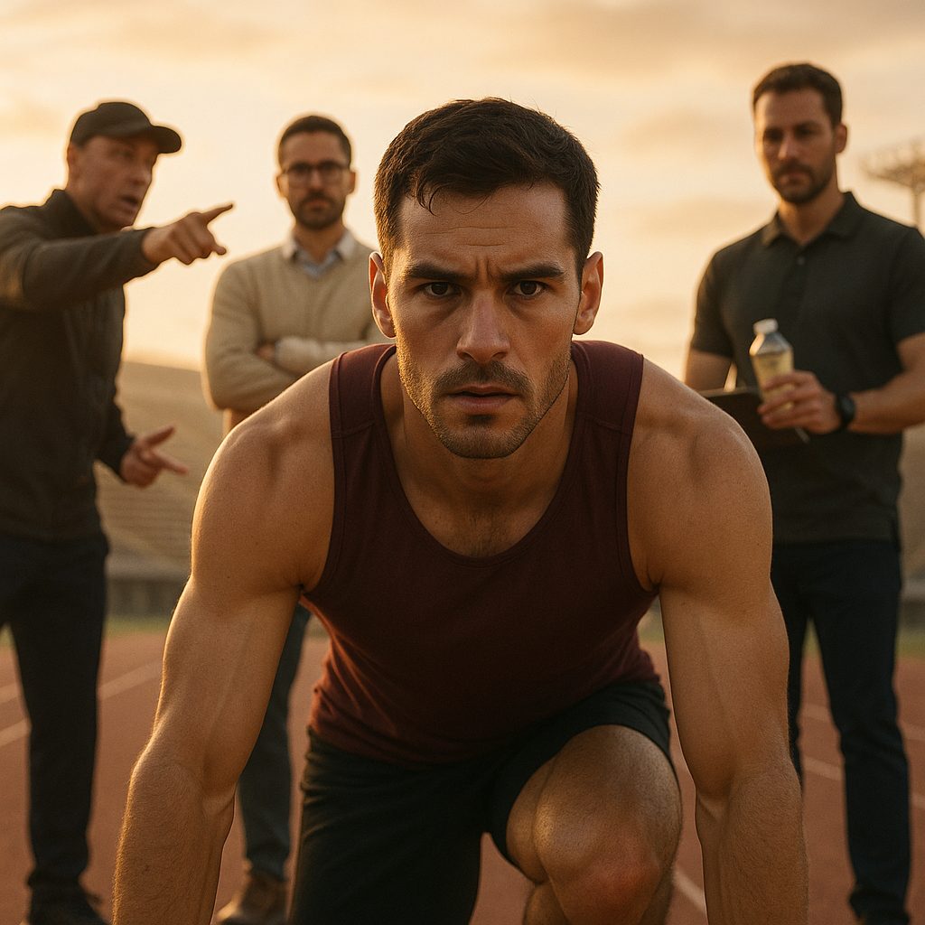 Atleta de élite preparado para correr con su equipo de apoyo detrás, simbolizando la filosofía integral del Programa Libertad Financiera 360 de El Método RICO.