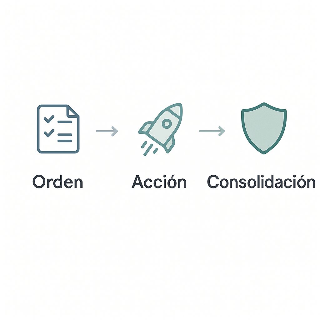 Esquema visual minimalista en formato timeline con tres etapas del Programa Libertad Financiera 360: Orden, Acción y Consolidación, representadas con iconos de checklist, cohete y escudo.
