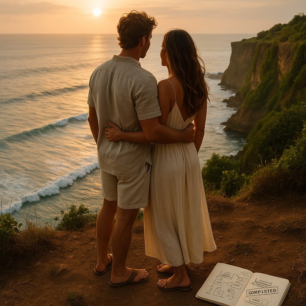 Pareja disfrutando del atardecer en un acantilado con un cuaderno de planes financieros completados, símbolo de libertad financiera alcanzada.